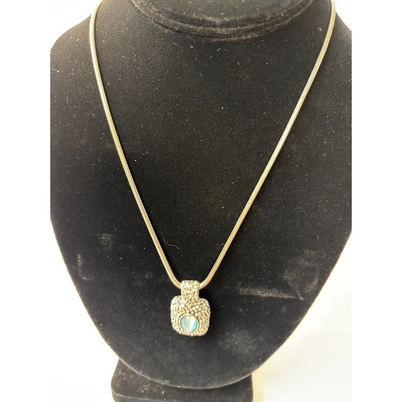 Pendant Necklace Silver Tone Blue  Thick Chain Pebbled Metal - Picture 3 of 9